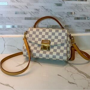 Top-Handle Checkerboard Satchel Bag in Beige and Tan